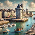 Vue réaliste du port de La Rochelle avec ses tours médiévales, ses quais et son ambiance maritime